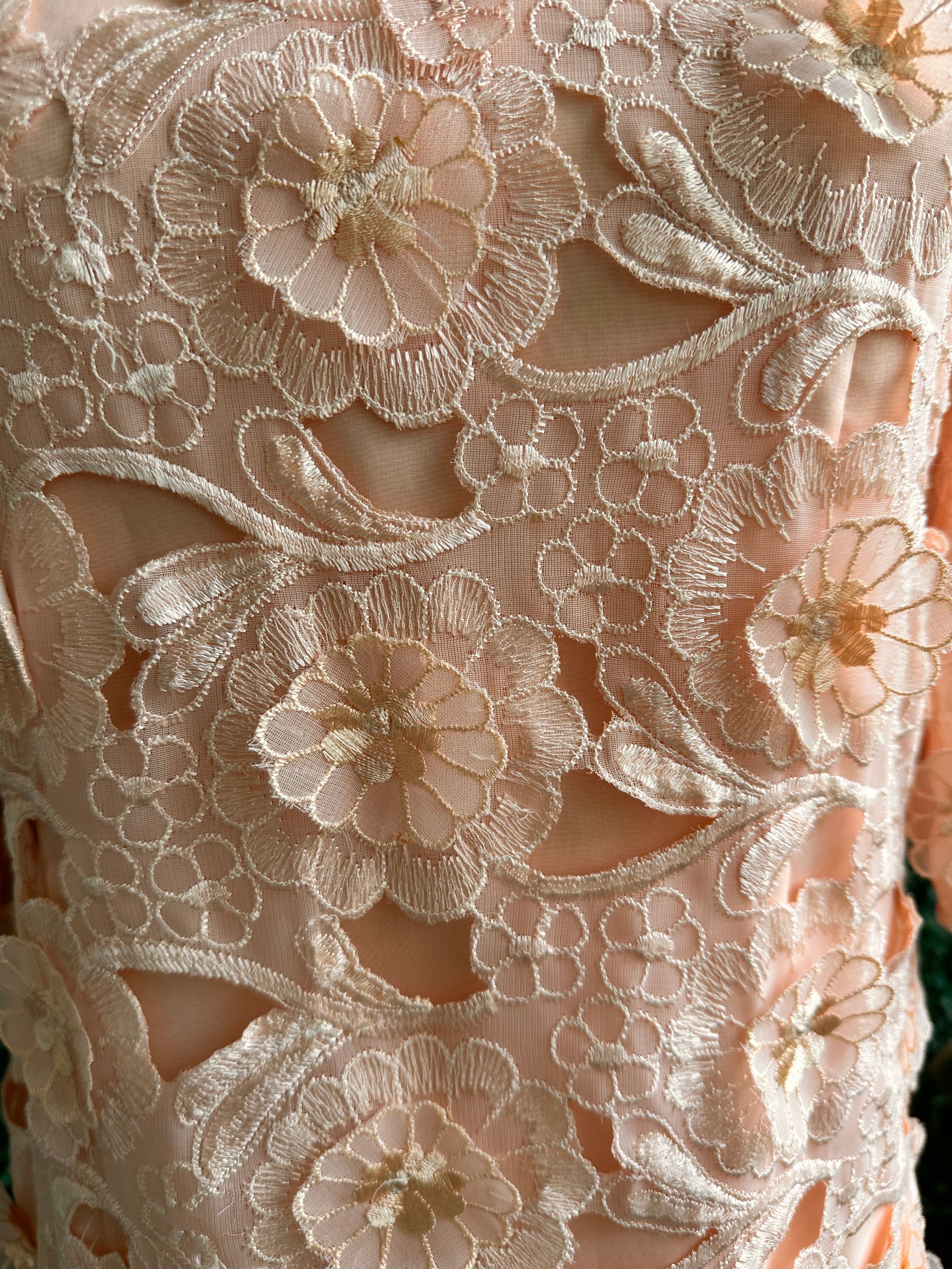 Vintage Peach Richilene Embroidered Lace Balloon Sleeve Dress