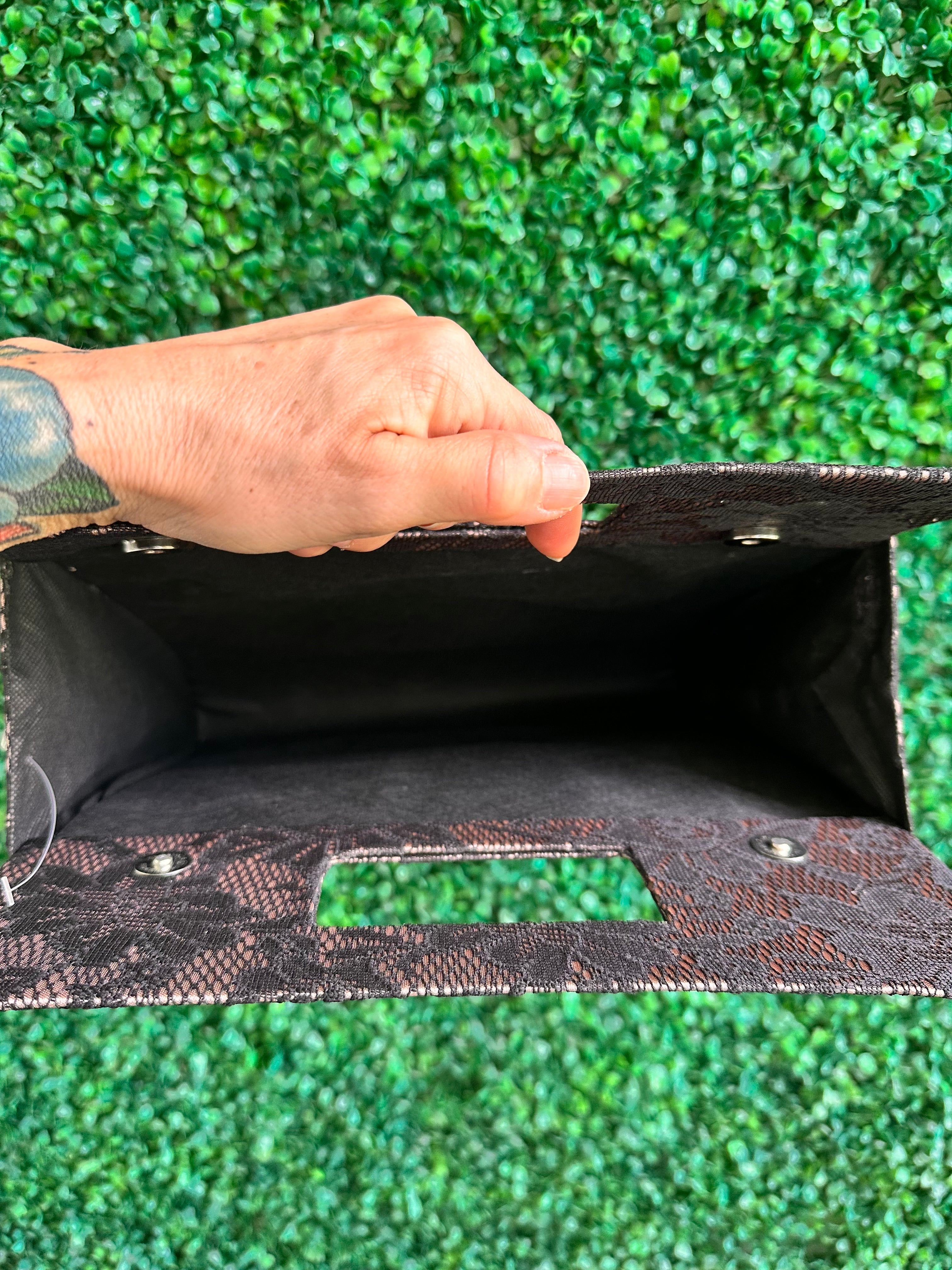 Black lace top handle tote bag