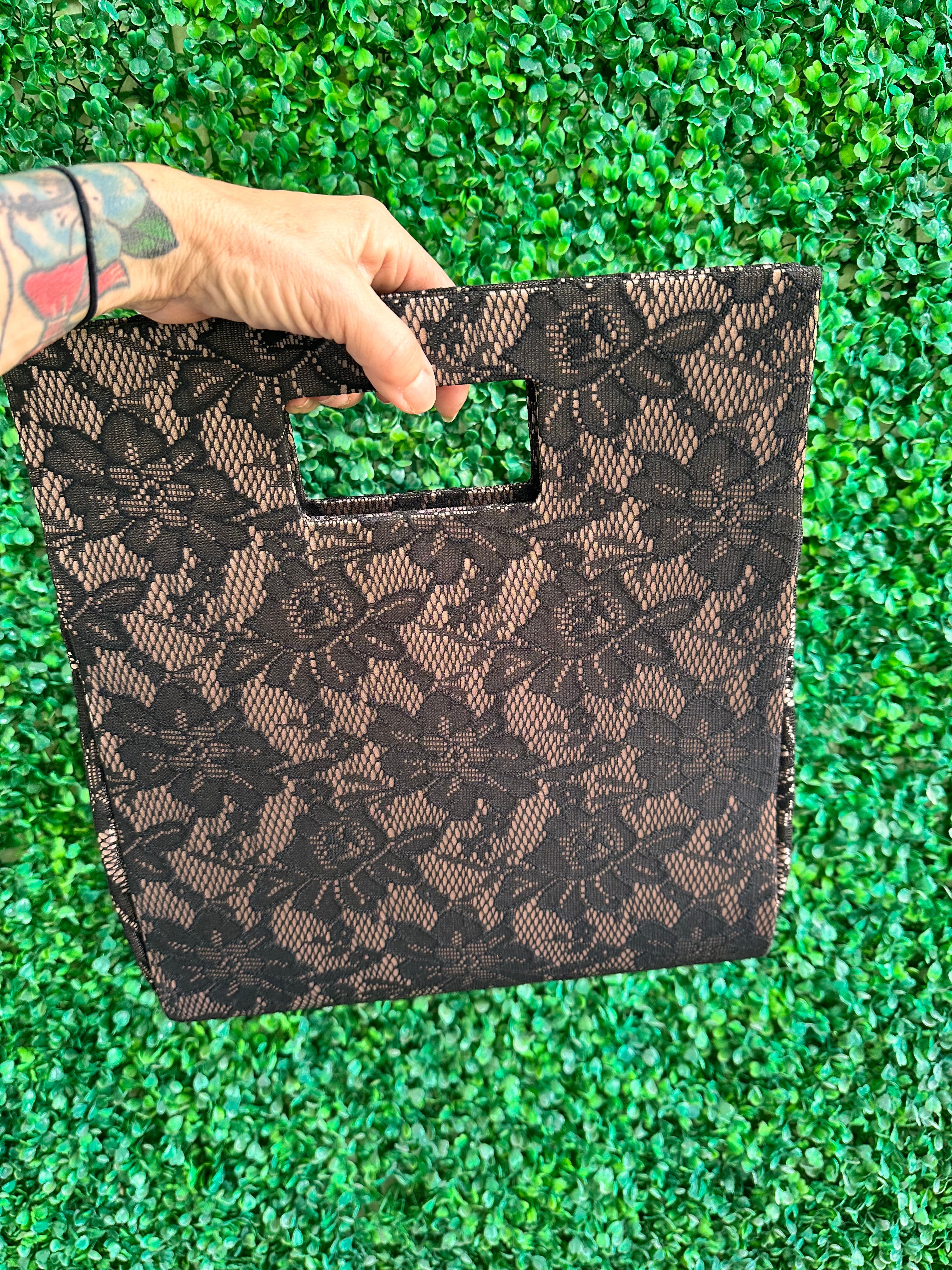Black lace top handle tote bag