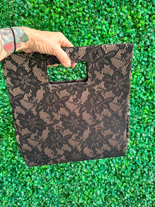 Black lace top handle tote bag