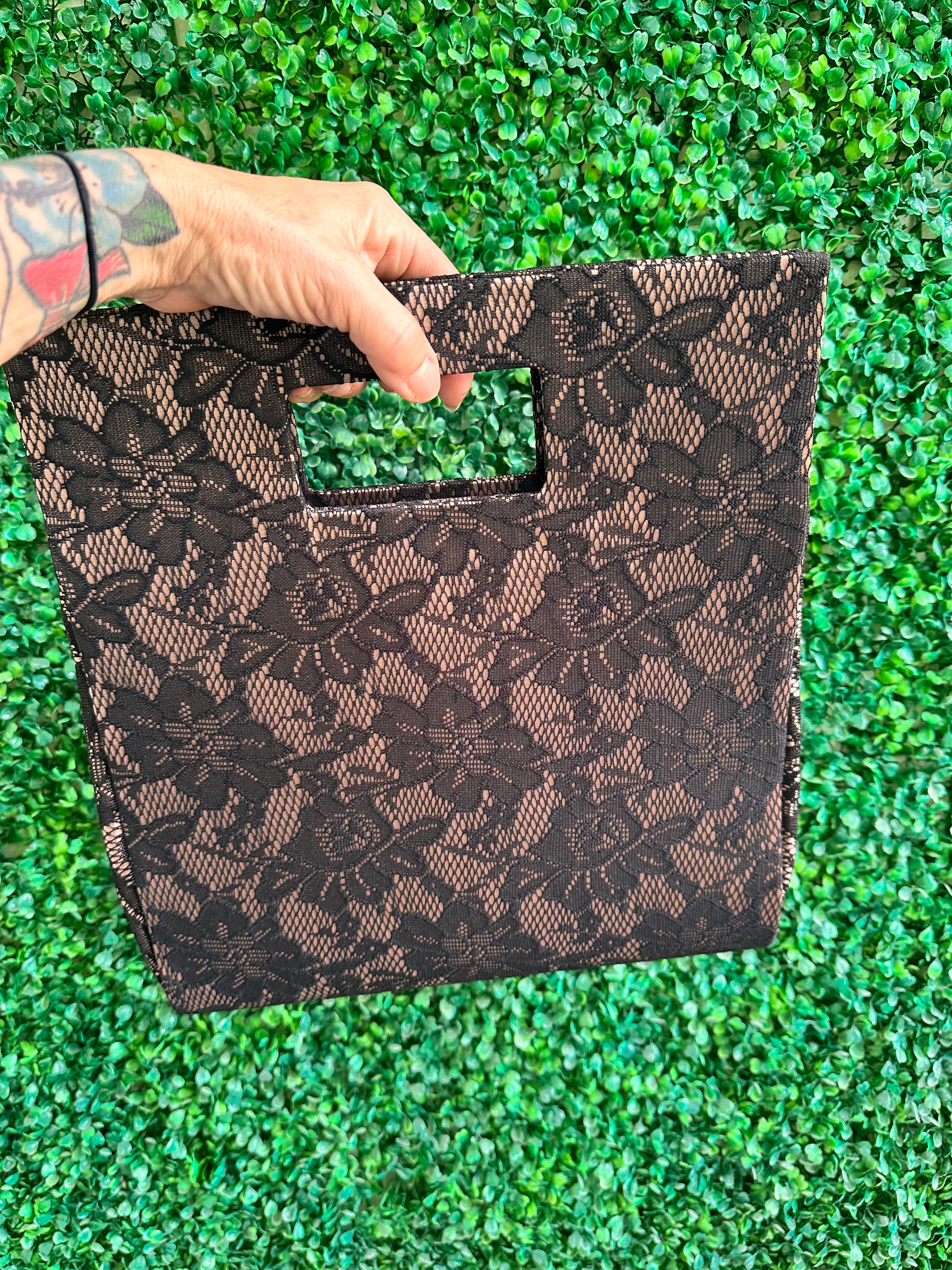 Black lace top handle tote bag