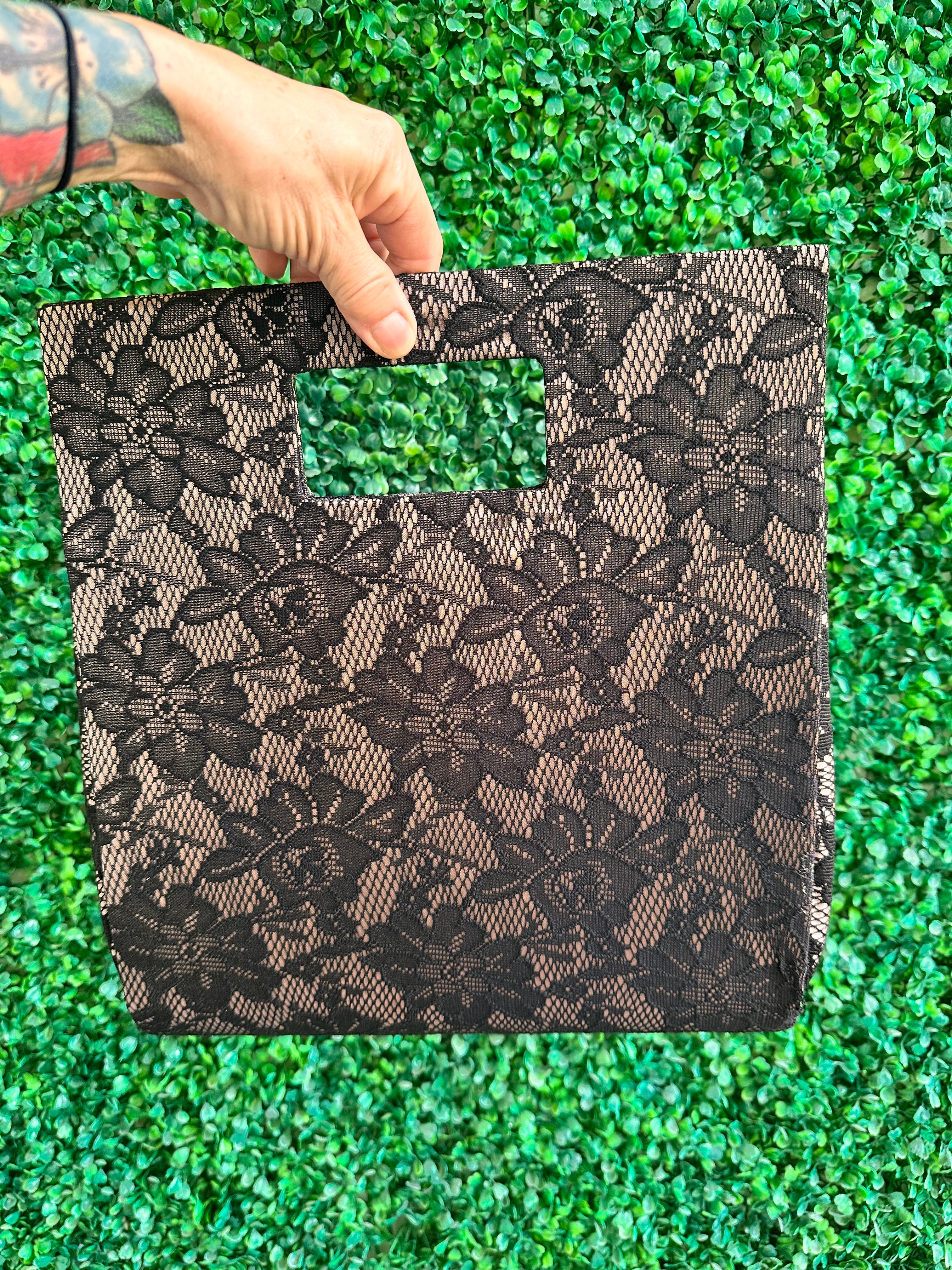 Black lace top handle tote bag