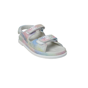 Chanel Quilted Canvas CC Logo Dad Sandals Pastel Rainbow Pink Blue