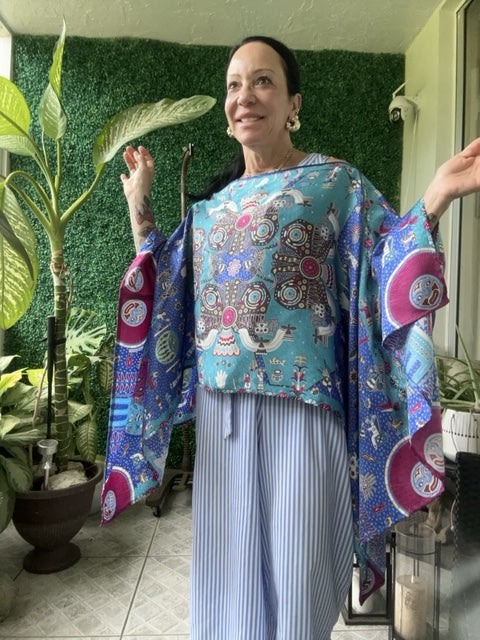 PINEDA COVALIN Blue Silk Kaftan Poncho AZtec Mayan Design Mexico