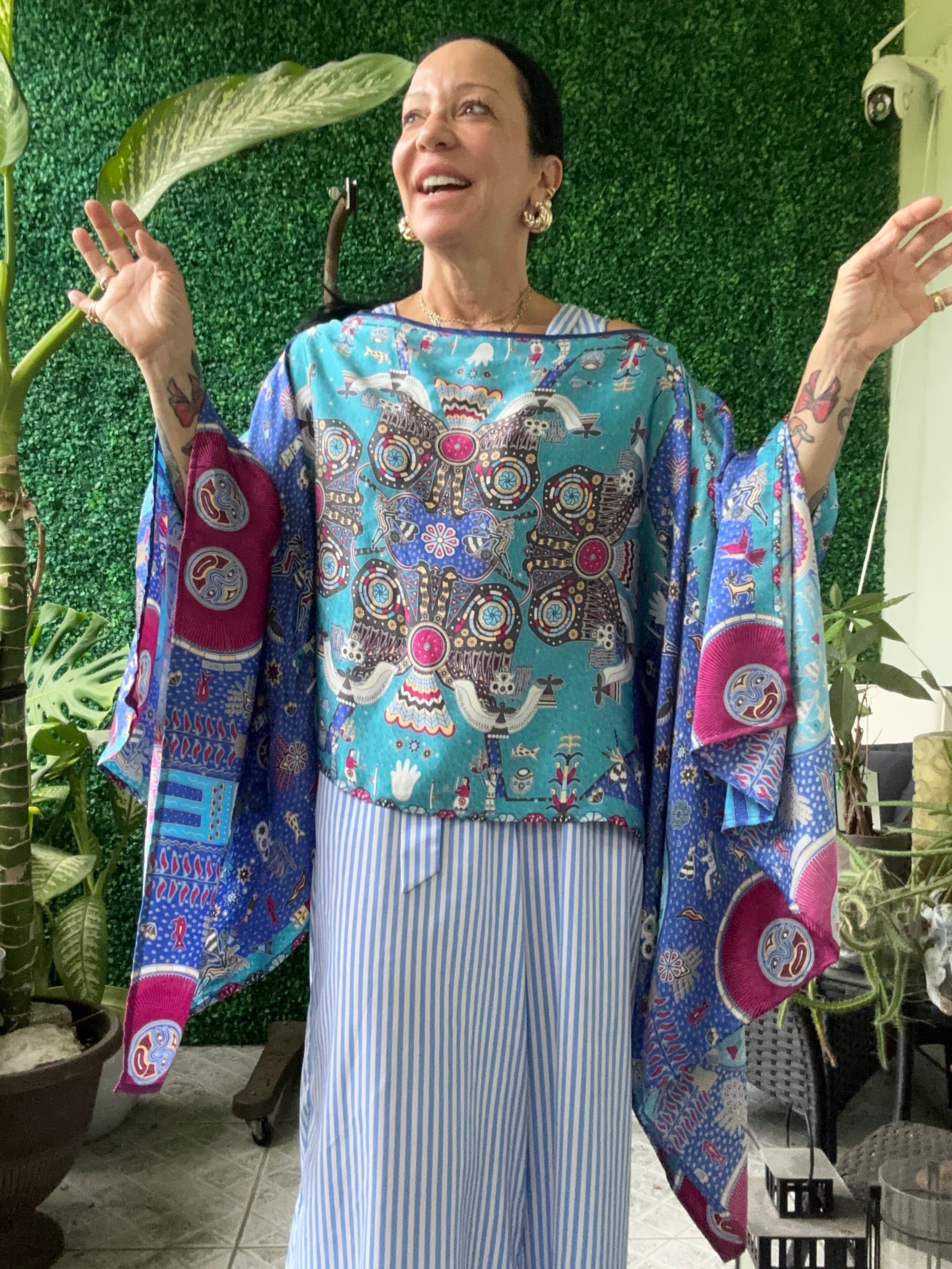 PINEDA COVALIN Blue Silk Kaftan Poncho AZtec Mayan Design Mexico