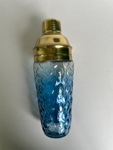 1960s Blue Cristal Glass Hollywood Regency Cocktail Shaker Brass Style