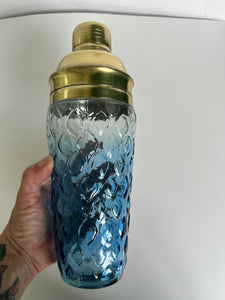 1960s Blue Cristal Glass Hollywood Regency Cocktail Shaker Brass Style