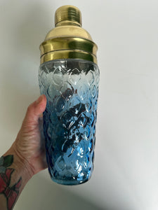 1960s Blue Cristal Glass Hollywood Regency Cocktail Shaker Brass Style