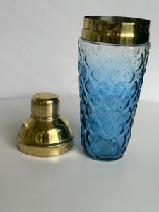 1960s Blue Cristal Glass Hollywood Regency Cocktail Shaker Brass Style