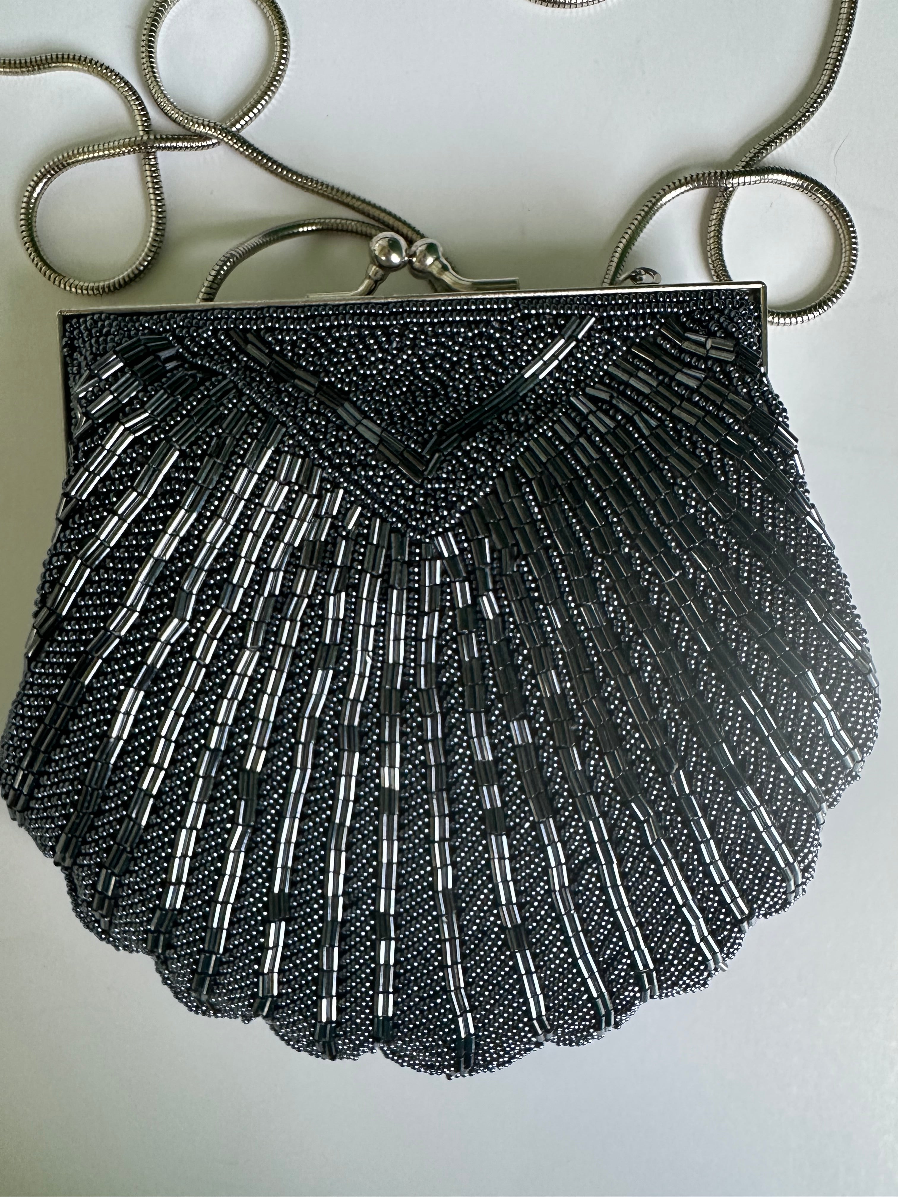 Vintage LORD and TAYLOR Black beaded Shell Clam evening bag