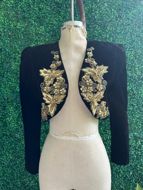 Vintage 80s BLACK VELVET CROPPED BEADED TUXEDO BOLERO Alex Evening