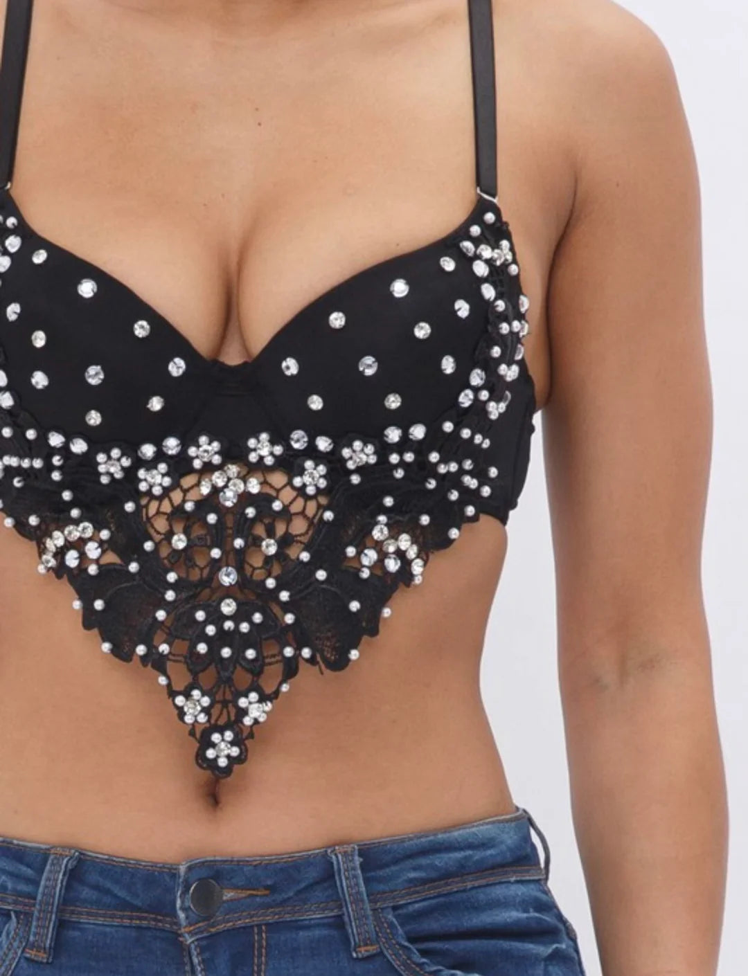 Rhinestone/Pearl detailed push up bustier crop top size L