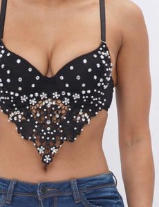 Rhinestone/Pearl detailed push up bustier crop top size L