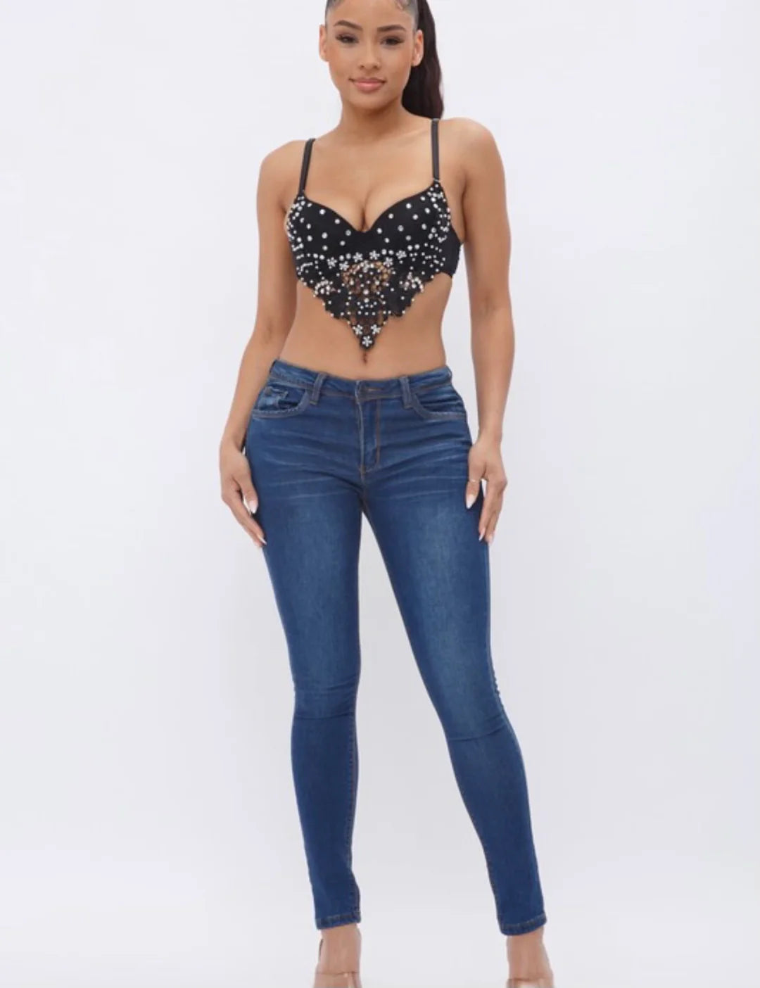 Rhinestone/Pearl detailed push up bustier crop top size L