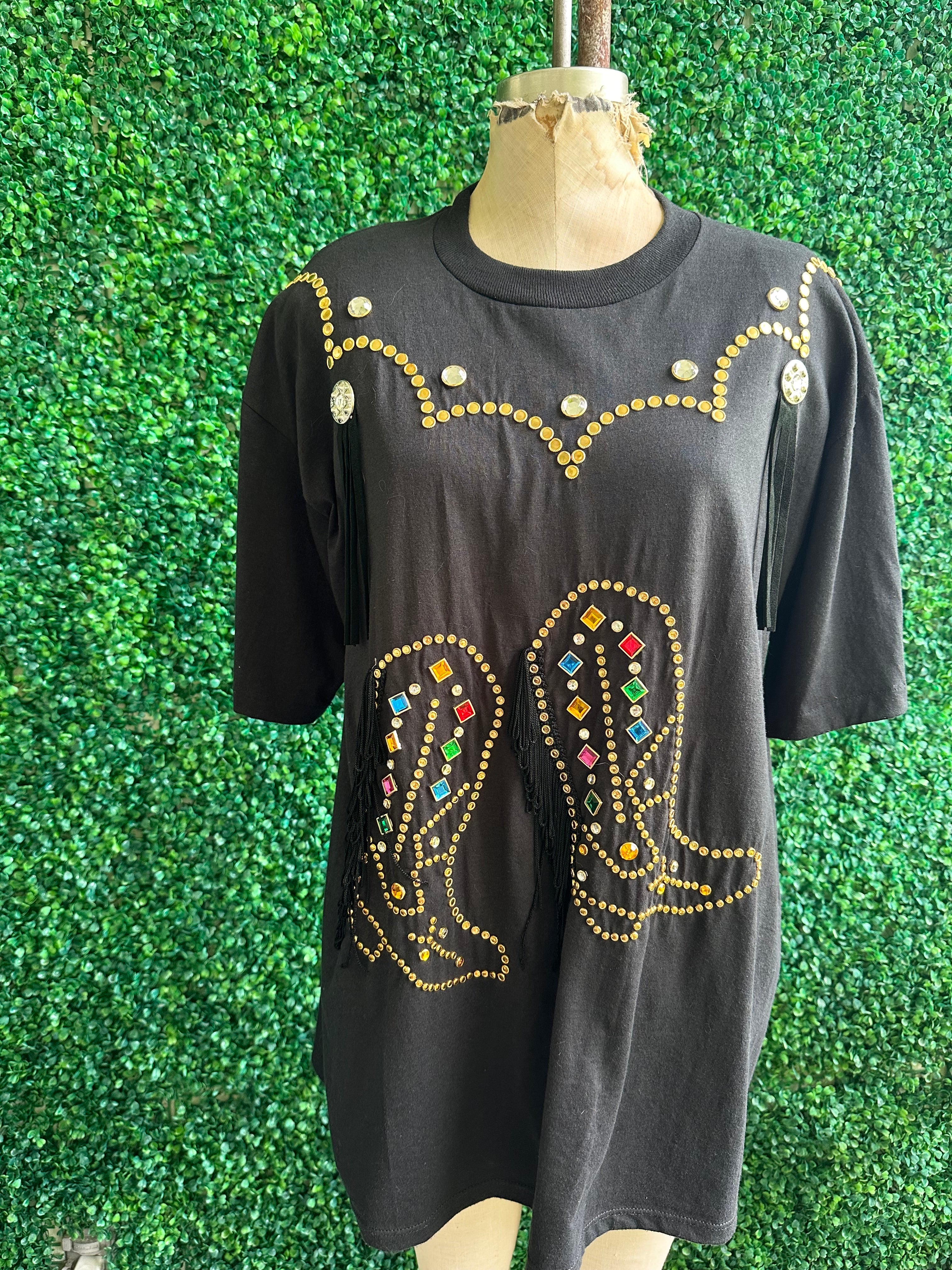 80s Black oversized embellished Cowboy boots western crystals bedazzled Tee Shirt