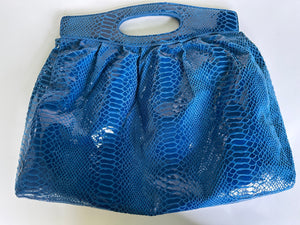 VINTAGE | Perlina Studio Embossed Blue Leather Handbag handle