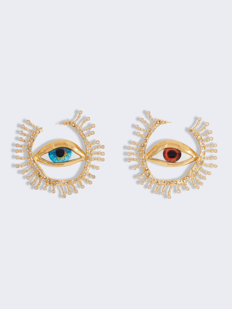 New Baroque Style Vintage Schiaparelli inspired earrings Big Eyes Dangle Enamel eye hoop earrings in gilded brass, rhinestones.