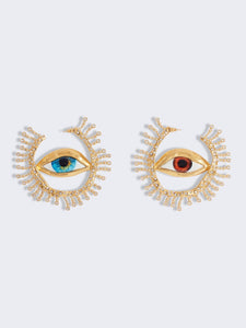 New Baroque Style Vintage Schiaparelli inspired earrings Big Eyes Dangle Enamel eye hoop earrings in gilded brass, rhinestones.