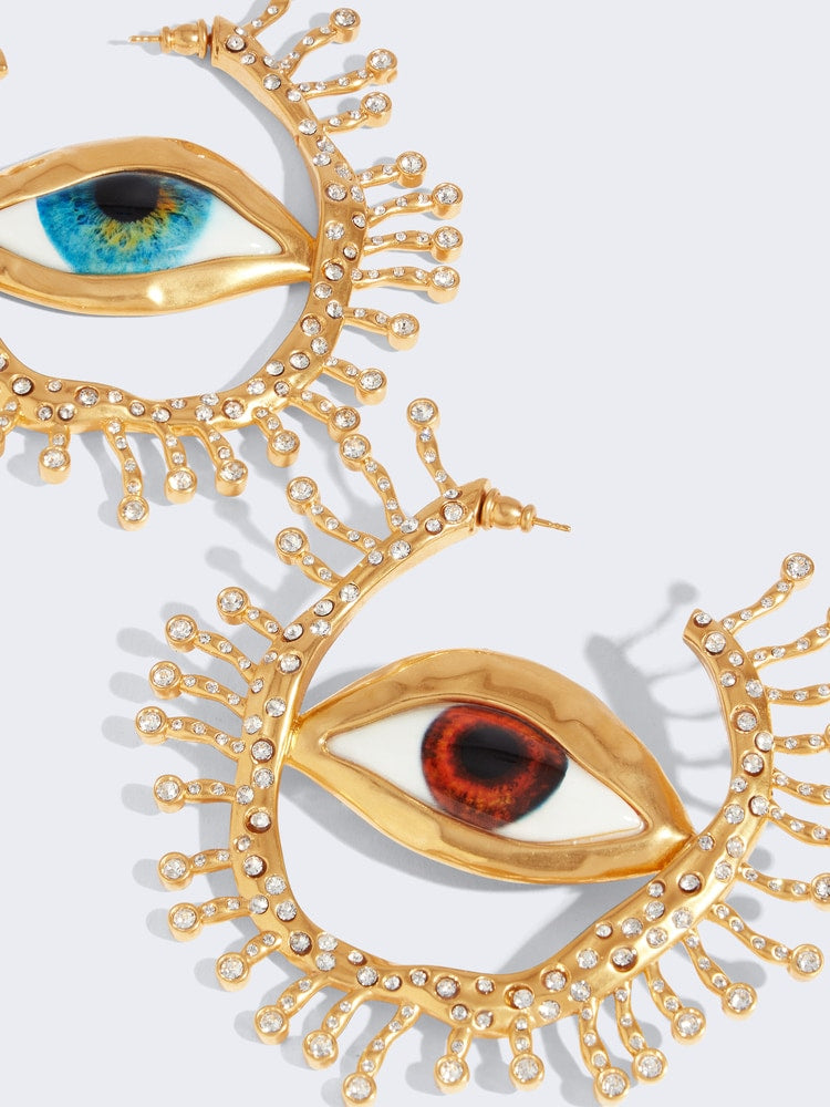 New Baroque Style Vintage Schiaparelli inspired earrings Big Eyes Dangle Enamel eye hoop earrings in gilded brass, rhinestones.