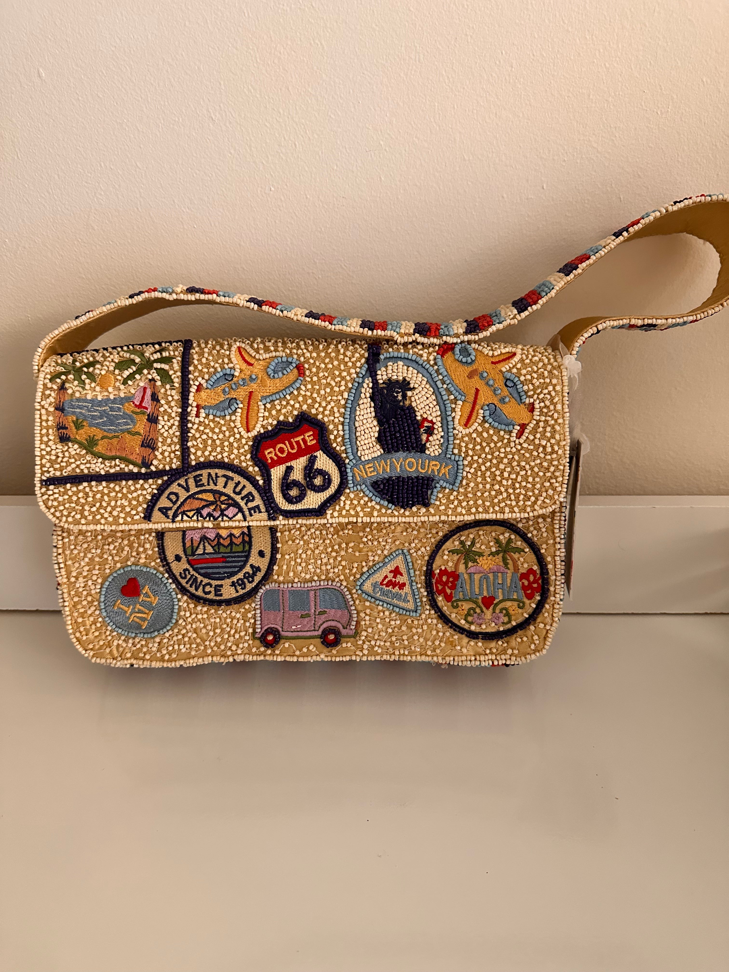 NWT Beaded Travel Patches Baguette Shoulder Bag Viral TikTok Purse