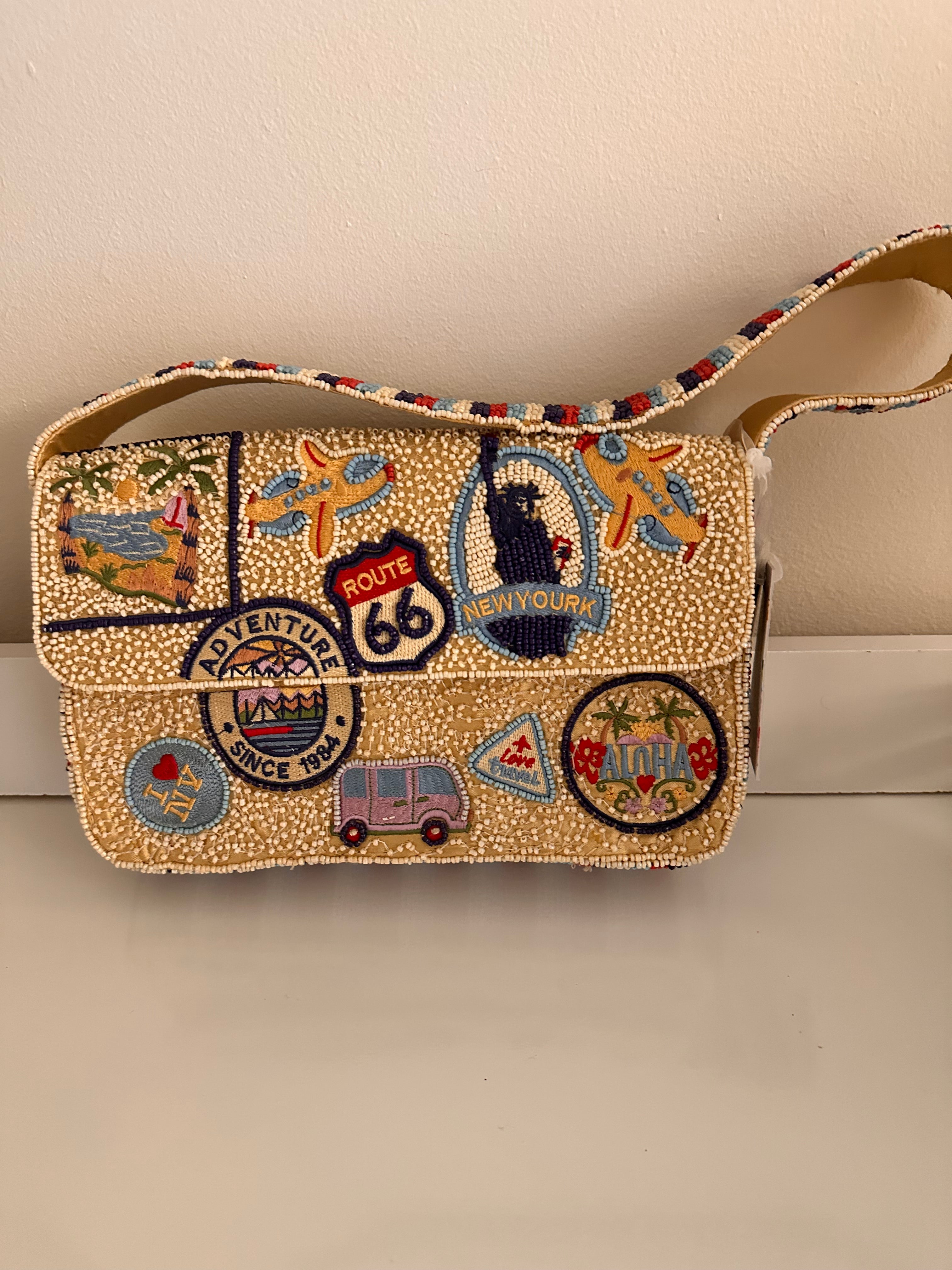 NWT Beaded Travel Patches Baguette Shoulder Bag Viral TikTok Purse
