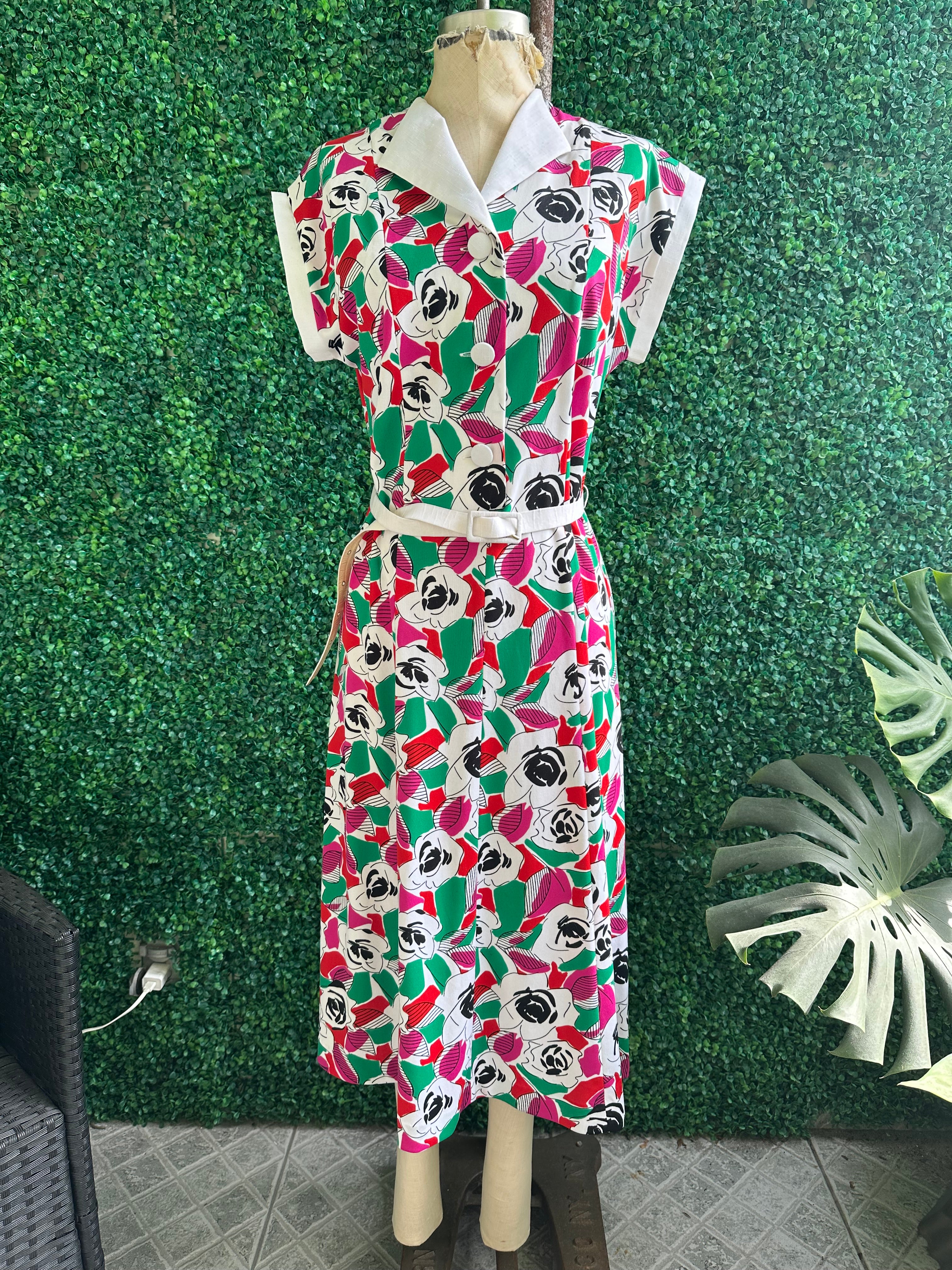 Jean Bolay 1980s Paris Floral Secretary Dress Midi length