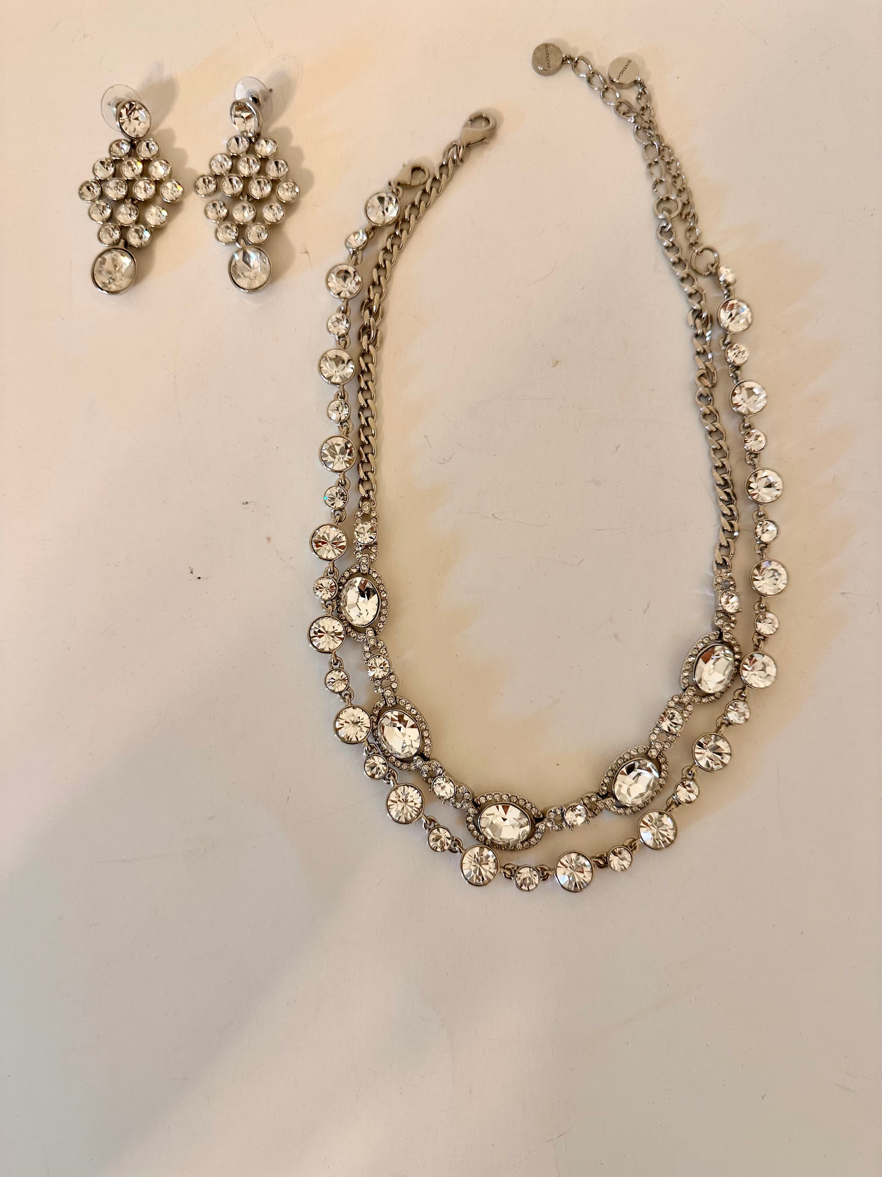 Givenchy Silvertone Swarovski Crystal Necklace Choker & Earrings Set New without Tags