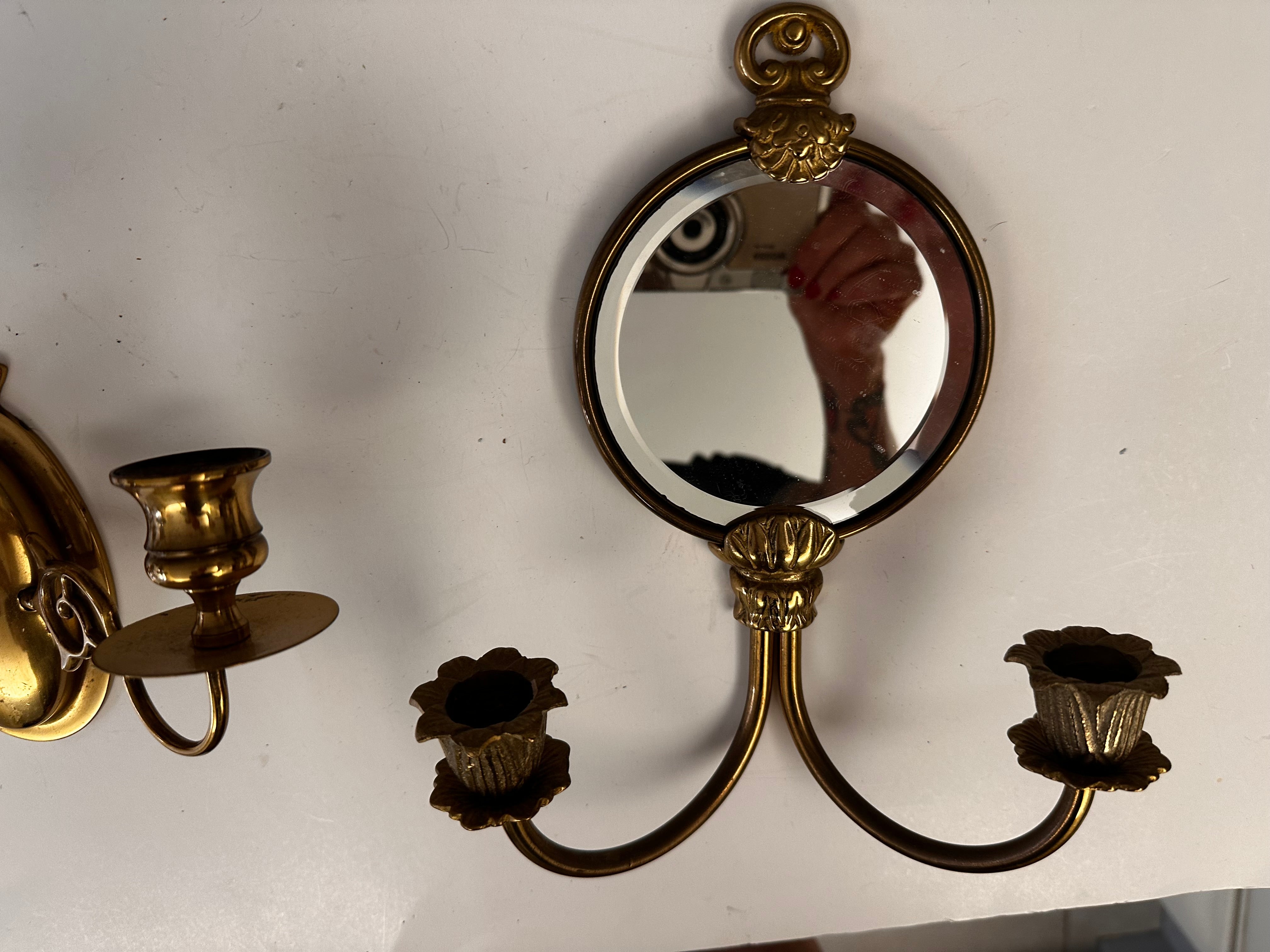 2 Vintage Brass Wall Sconce Candle Holder and Wall Mirror with Candle Holder