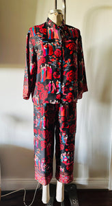 Vintage Josie Japanese Geisha Dancing and Garden Pajamas Matching Set Red Color Sleepwear Chic Set Top And Pants Style
