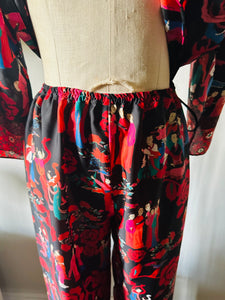 Vintage Josie Japanese Geisha Dancing and Garden Pajamas Matching Set Red Color Sleepwear Chic Set Top And Pants Style