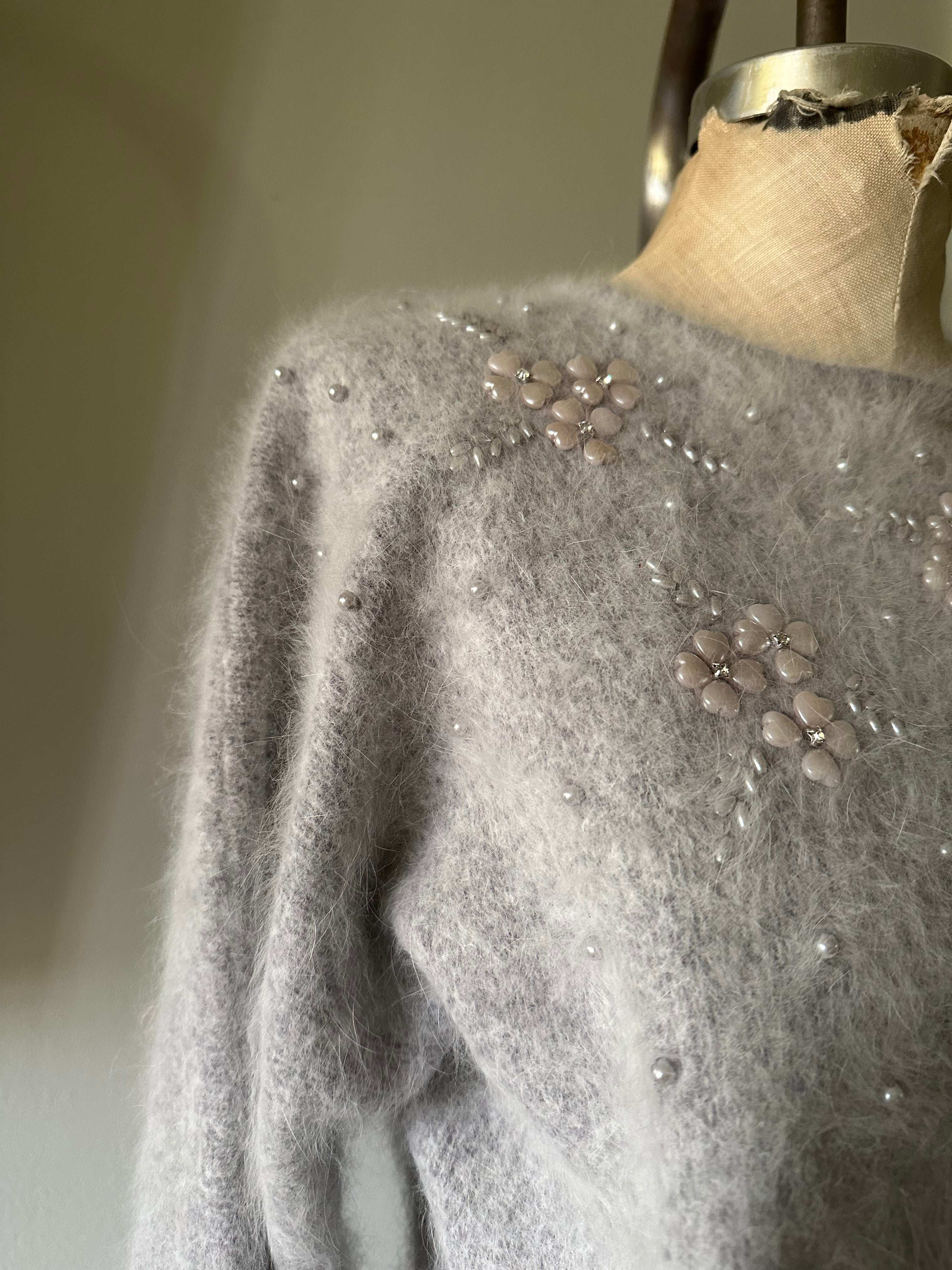 Vintage Grey Heart and Pearl Angora Sweatshirt Connie Lee Sparkling Sequined Knit Long Sleeve Sweater