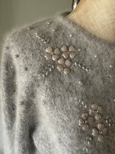 Vintage Grey Heart and Pearl Angora Sweatshirt Connie Lee Sparkling Sequined Knit Long Sleeve Sweater
