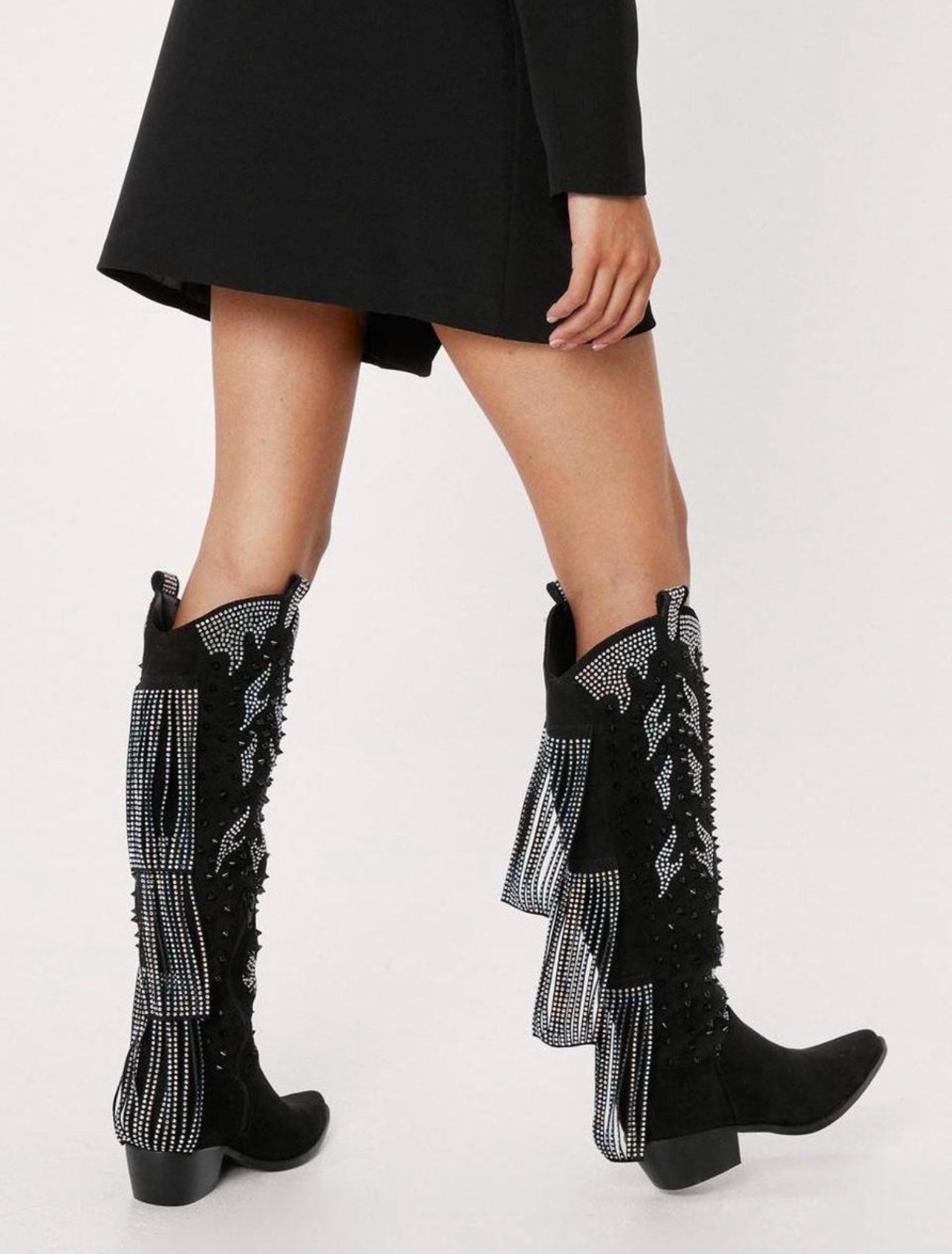 NASTY GAL New In Box Nasty Gal Black Studded Diamante Suede Cowboy Fringe Boots size 7