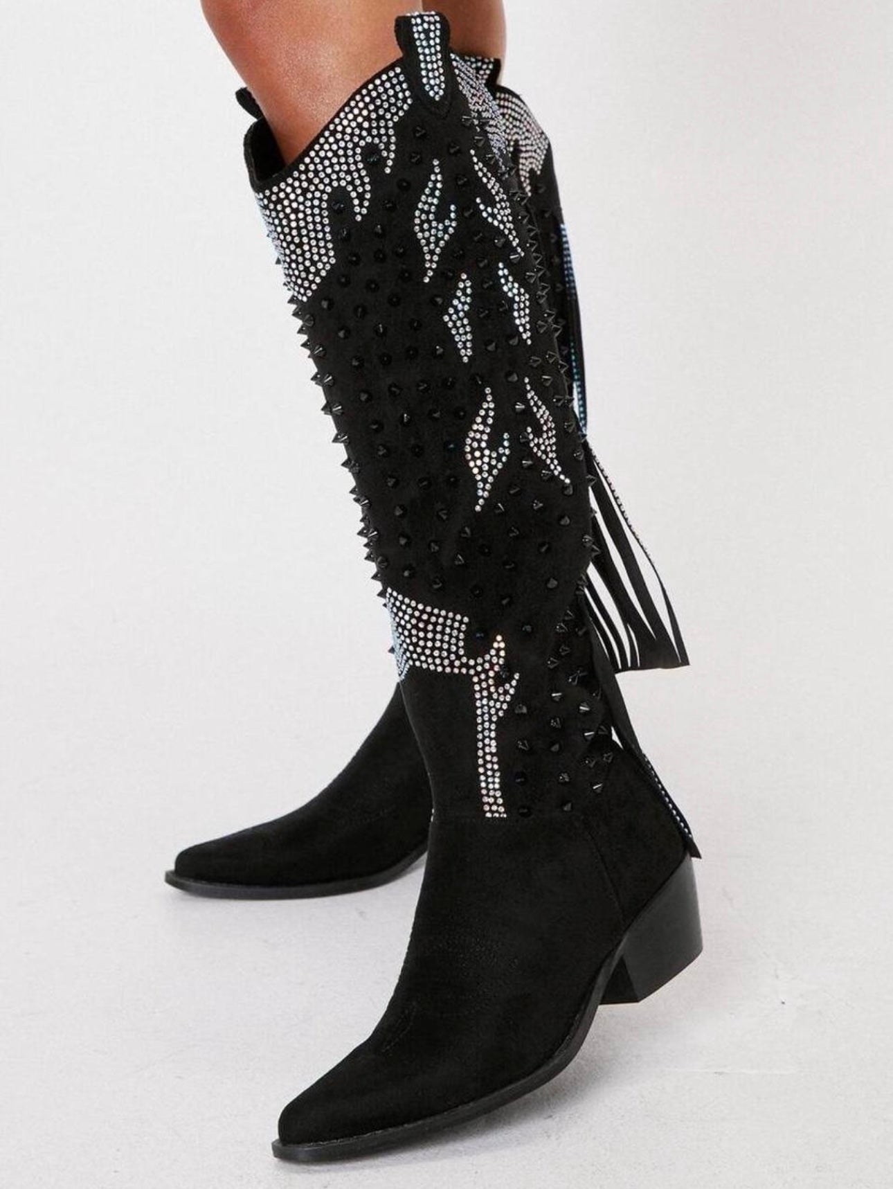 NASTY GAL New In Box Nasty Gal Black Studded Diamante Suede Cowboy Fringe Boots size 7