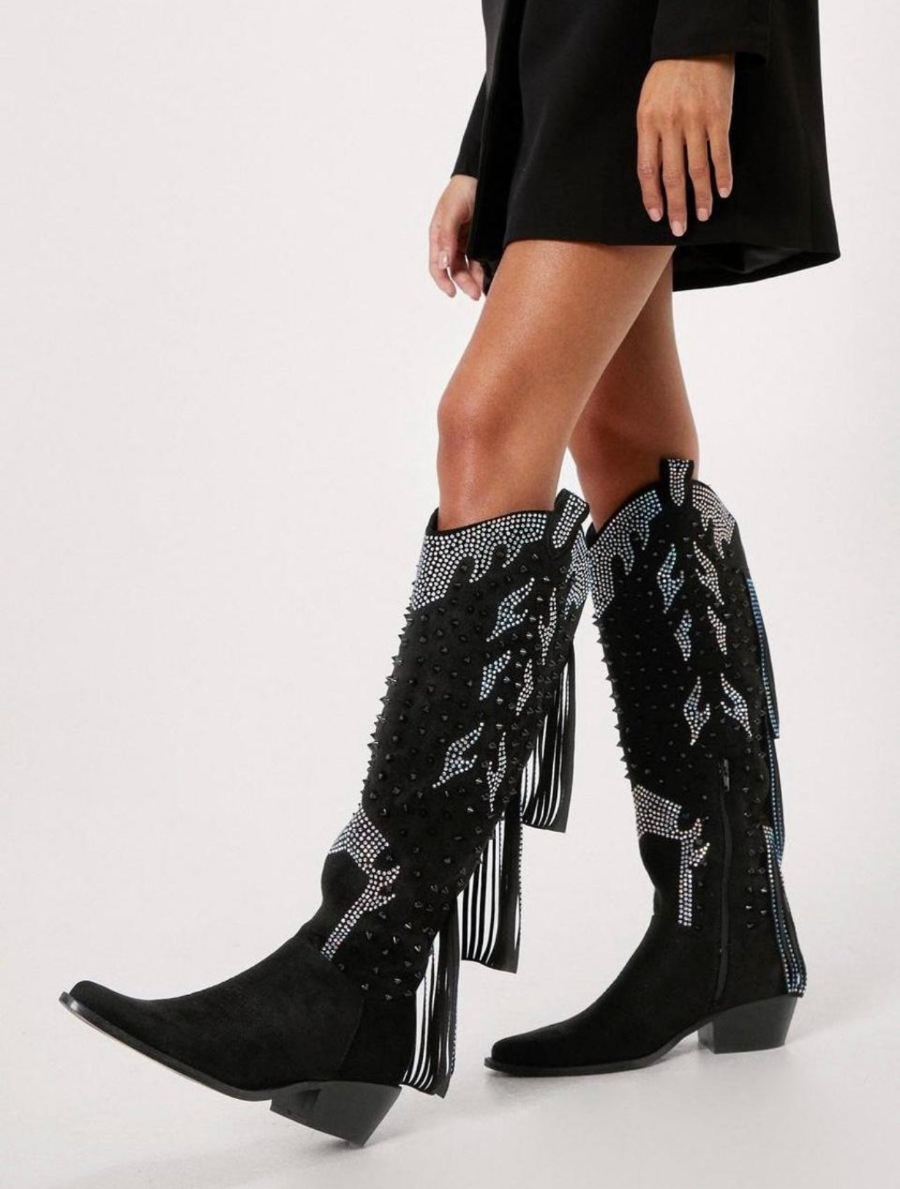 NASTY GAL New In Box Nasty Gal Black Studded Diamante Suede Cowboy Fringe Boots size 7