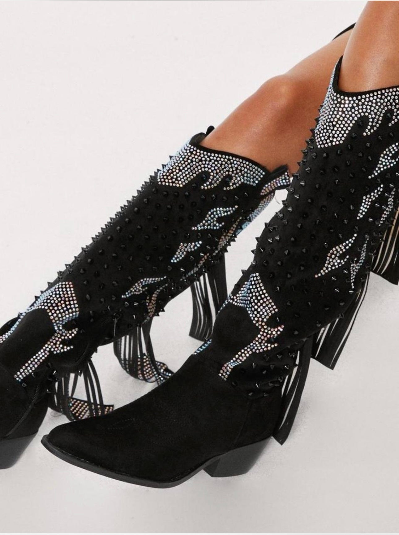 NASTY GAL New In Box Nasty Gal Black Studded Diamante Suede Cowboy Fringe Boots size 7