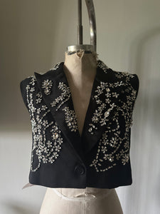 Black Cropped Crystal Stitched Corset Blazer Vest New With Tags