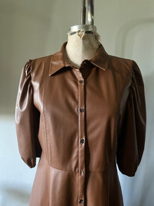 Zara Brown Faux Leather Midi Secretary Dress Large Sheath Dress