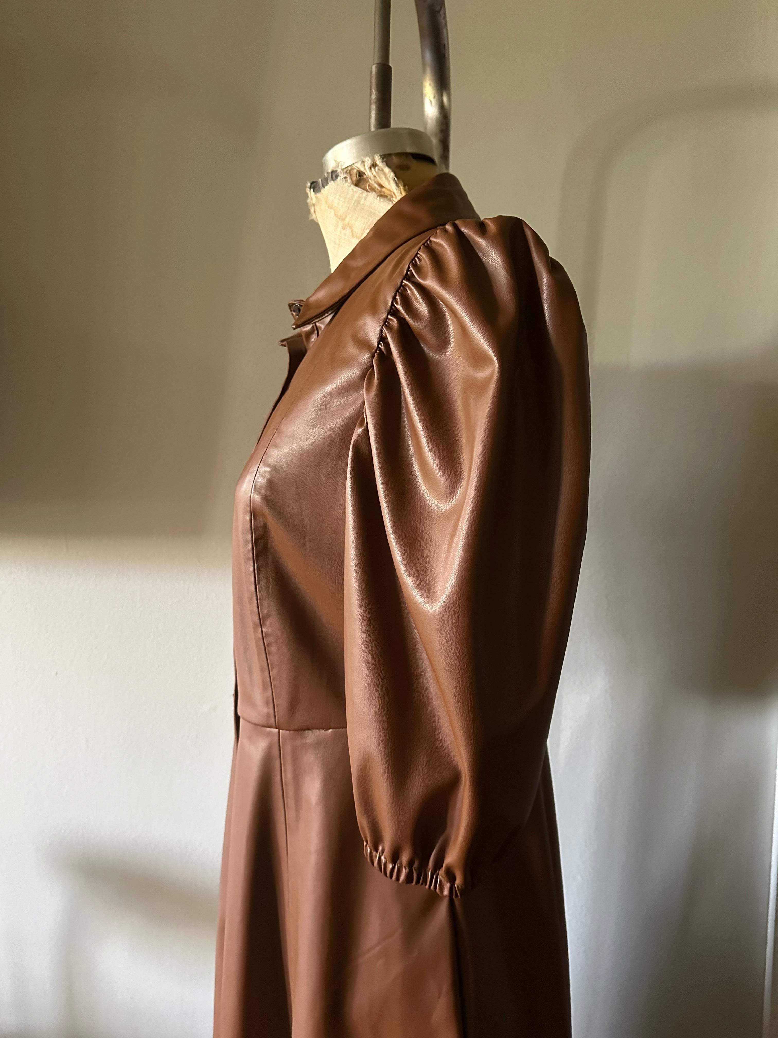 Zara Brown Faux Leather Midi Secretary Dress Large Sheath Dress