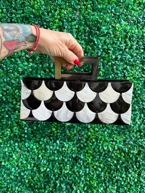 Vintage Mother of Pearl Shell Purse Clucth bag Black and White