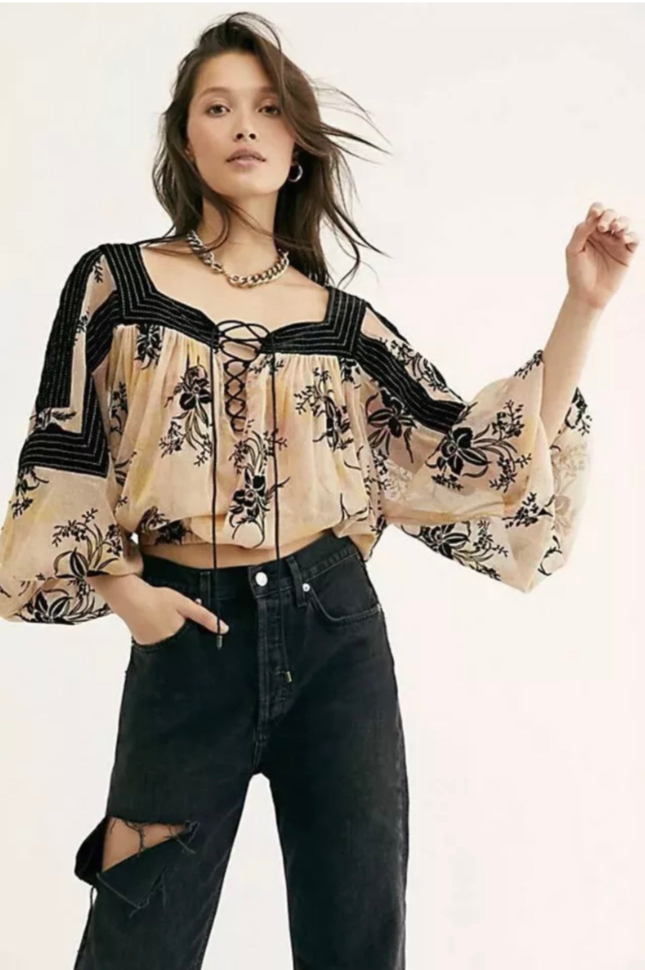 Free People Embroidered Velvet Top XS Shimmer Velvet Black Beige