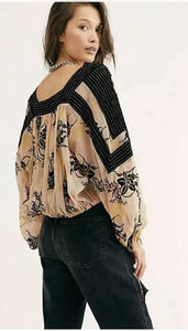 Free People Embroidered Velvet Top XS Shimmer Velvet Black Beige