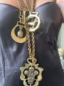 Vintage Statement Brass Embossed Dog Shield Pendant Design Long Necklace