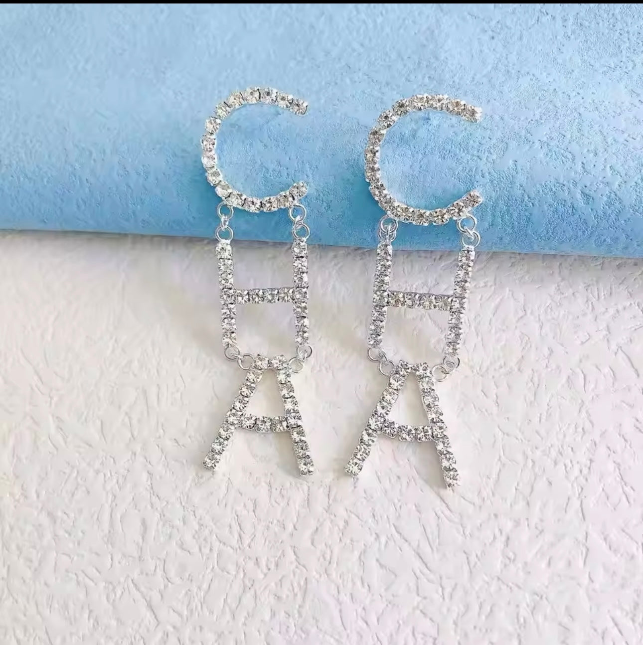 CHA Crystal Rhinestone Letter Statement Long Earrings New w tags