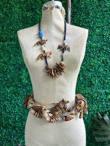 Large Safari Animal Roped Belt 90s and Beaded Necklace Set Statement Wood Sculptural