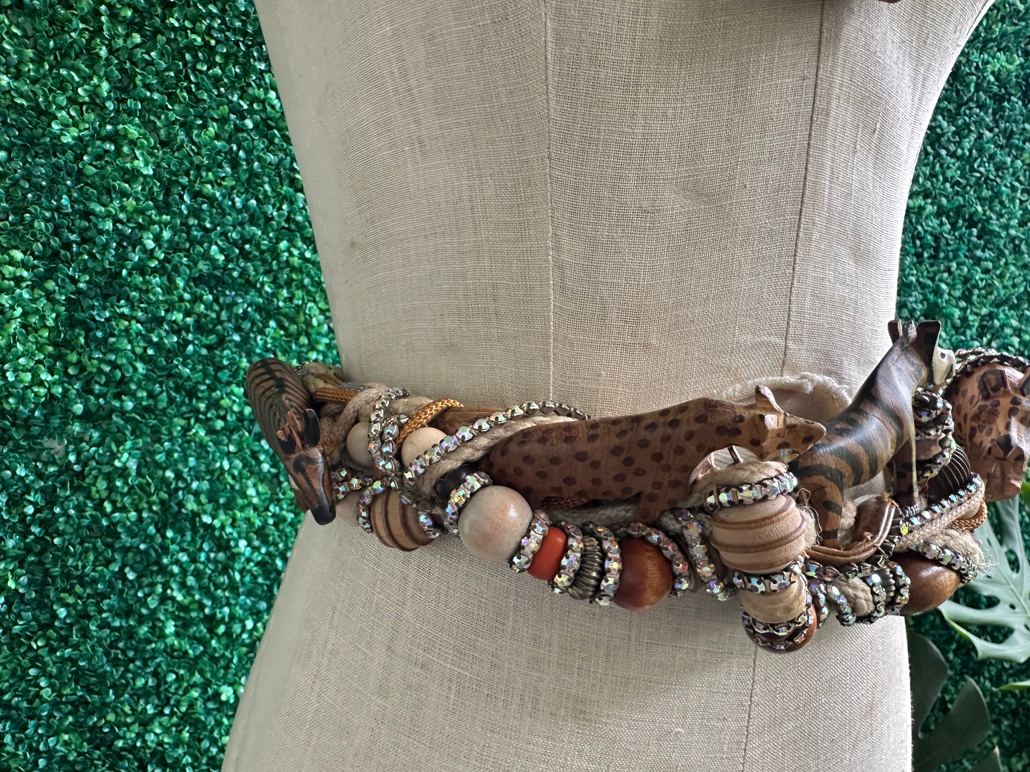 Large Safari Animal Roped Belt 90s and Beaded Necklace Set Statement Wood Sculptural