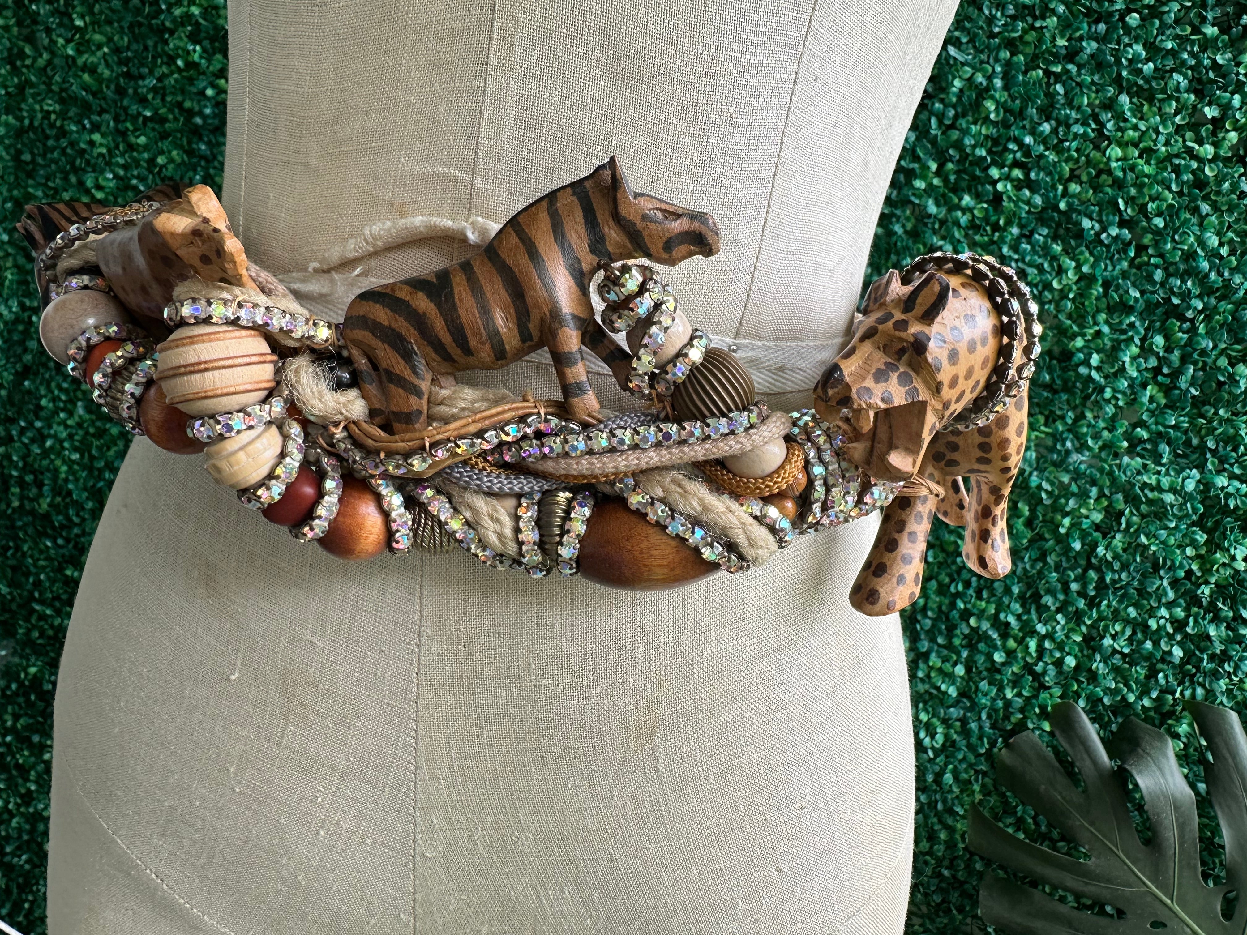 Large Safari Animal Roped Belt 90s and Beaded Necklace Set Statement Wood Sculptural