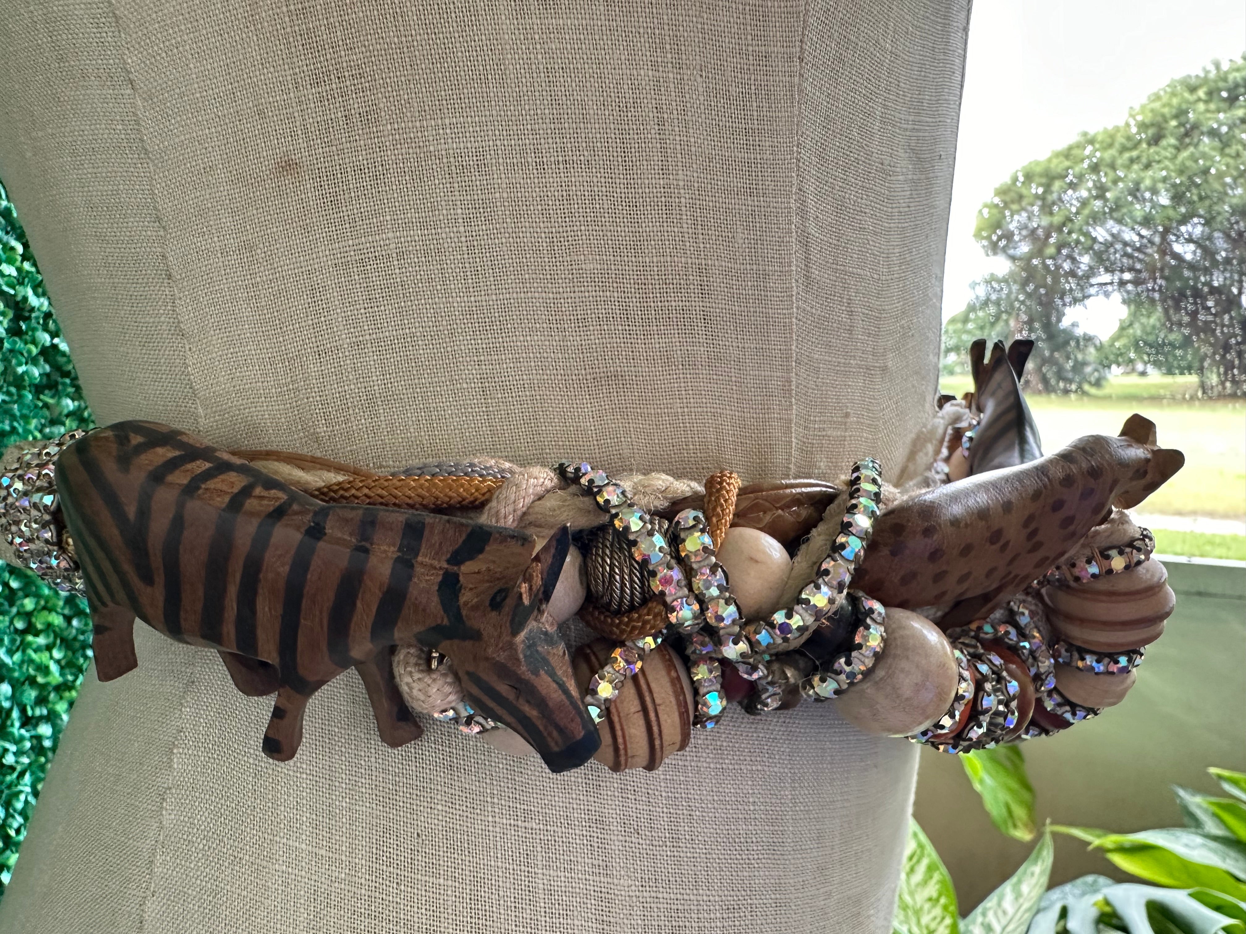 Large Safari Animal Roped Belt 90s and Beaded Necklace Set Statement Wood Sculptural