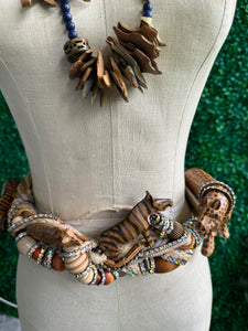 Large Safari Animal Roped Belt 90s and Beaded Necklace Set Statement Wood Sculptural