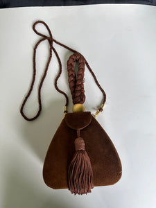 Vintage Mini Tear Drop Brown Velvet Hard Case Purse Evening Wristlet Knot tassel Rope Retro